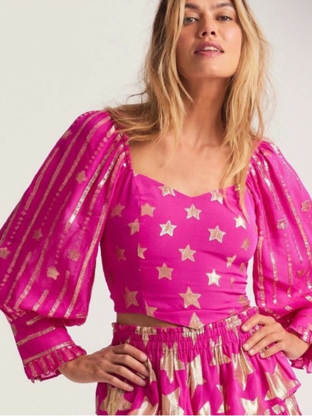 Loveshackfancy Bright Pink Star-Print Puff Sleeve Crop Top NWT XL